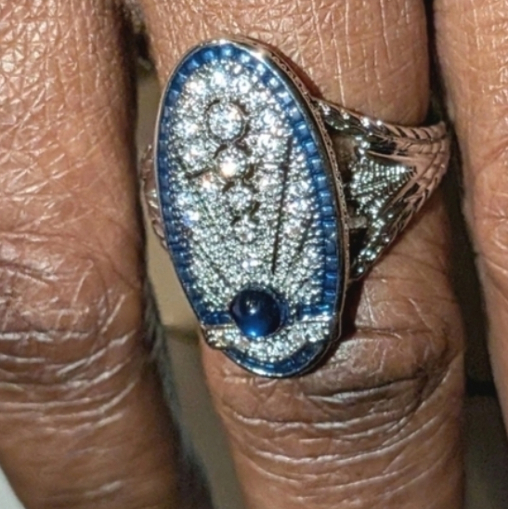 Art Deco Style Lab Created diamond Sapphire Wedding 14k White Gold Plated Sz 10 - Picture 12 of 15